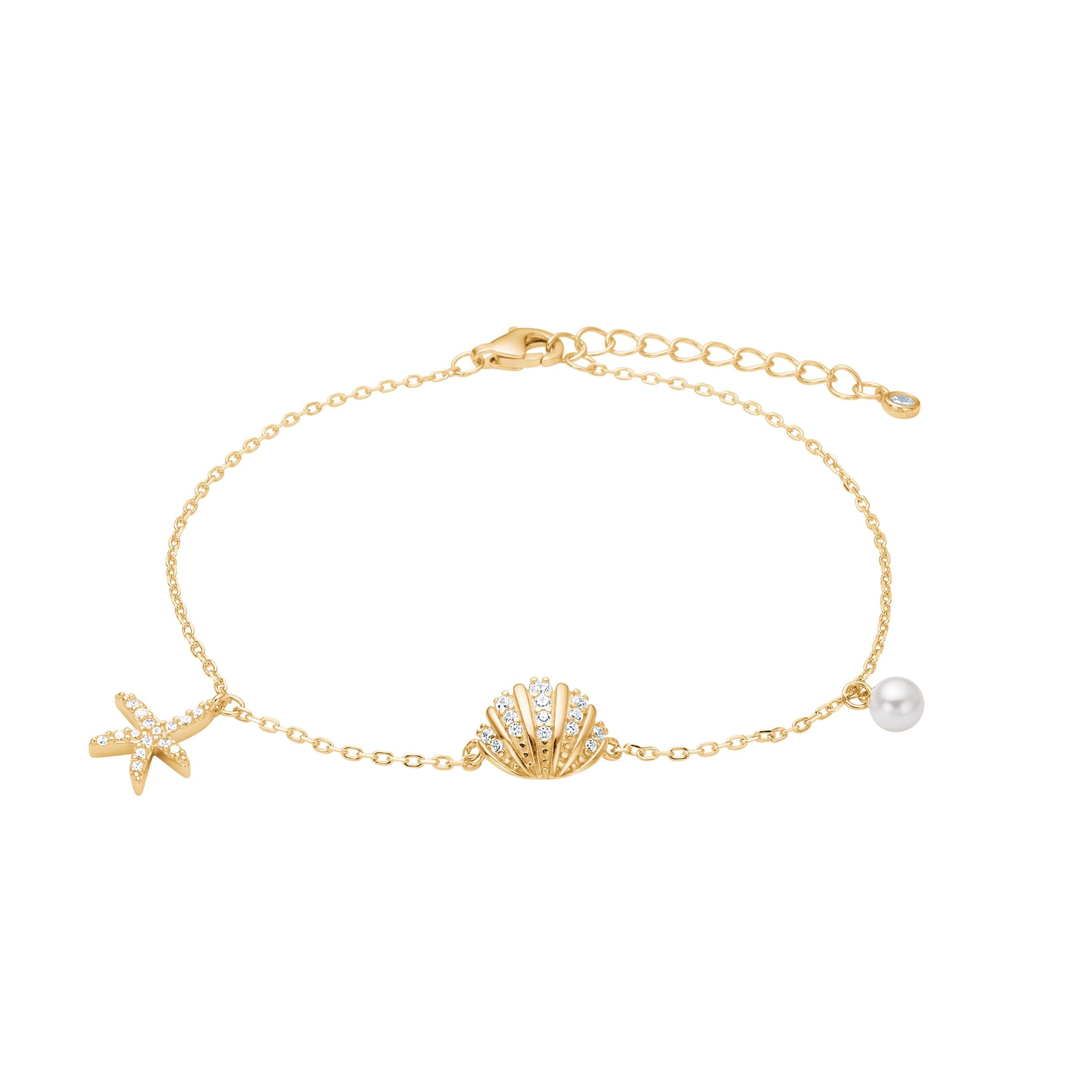 SelinaNor Armband aus 925 Sterling Silber, 18 Karat vergoldet, mit Seestern, Muschel, Perle und Zirkonia.