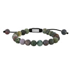 Verstellbares Herren Armband aus Indian Achat mit 8mm Natursteinperlen, schwarzer Makramee-Schnur und poliertem Edelstahl-Zwischenteil auf weißem Hintergrund.