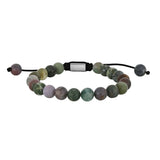 Verstellbares Herren Armband aus Indian Achat mit 8mm Natursteinperlen, schwarzer Makramee-Schnur und poliertem Edelstahl-Zwischenteil auf weißem Hintergrund.