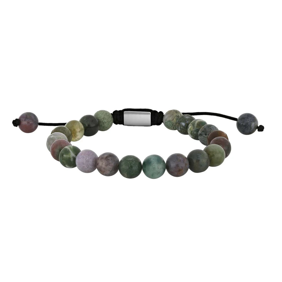 Verstellbares Herren Armband aus Indian Achat mit 8mm Natursteinperlen, schwarzer Makramee-Schnur und poliertem Edelstahl-Zwischenteil auf weißem Hintergrund.