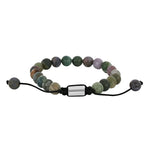 Verstellbares Herren Armband aus Indian Achat mit 8mm Natursteinperlen, schwarzer Makramee-Schnur und poliertem Edelstahl-Zwischenteil auf weißem Hintergrund.