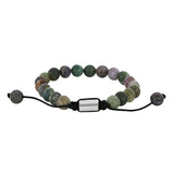 Verstellbares Herren Armband aus Indian Achat mit 8mm Natursteinperlen, schwarzer Makramee-Schnur und poliertem Edelstahl-Zwischenteil auf weißem Hintergrund.