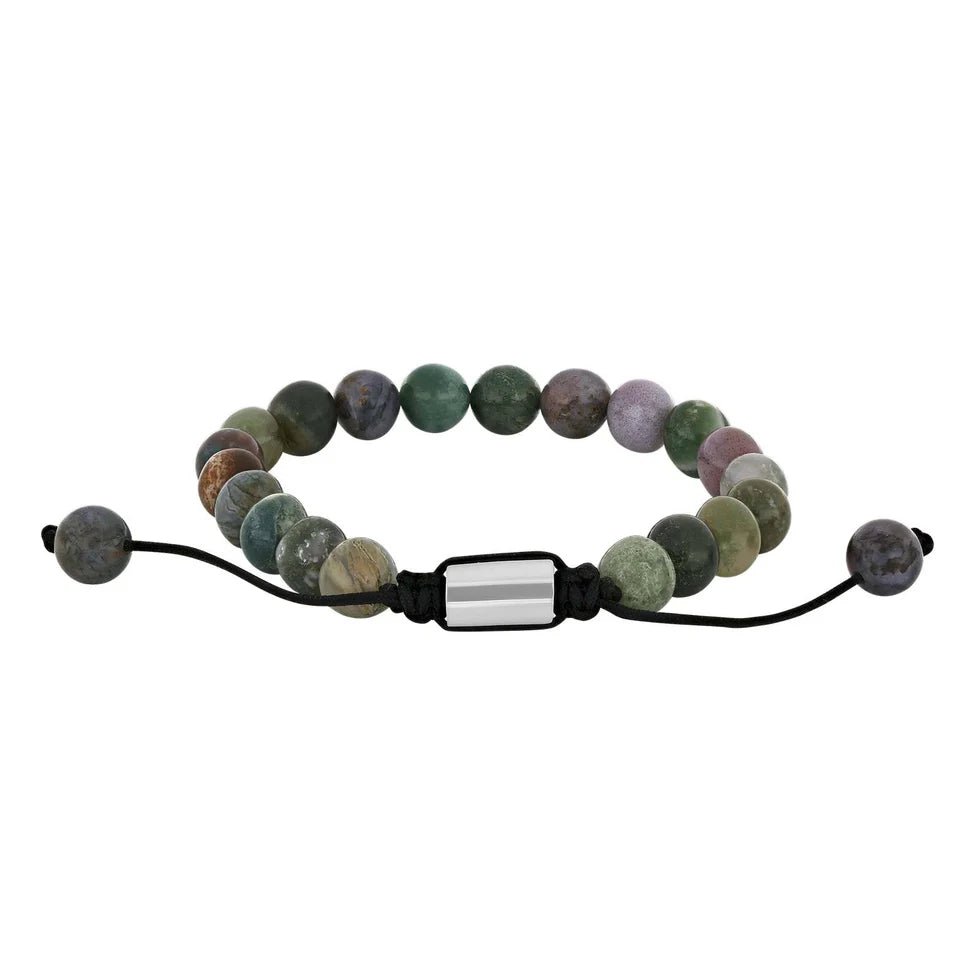 Verstellbares Herren Armband aus Indian Achat mit 8mm Natursteinperlen, schwarzer Makramee-Schnur und poliertem Edelstahl-Zwischenteil auf weißem Hintergrund.