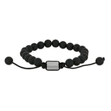 Das Bild zeigt ein Herrenarmband aus matten schwarzen Achatperlen mit verstellbarem schwarzem Textilband und Edelstahl-Element, das für modebewusste Männer im Alltag und zu besonderen Anlässen designt ist.