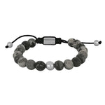 Das Produktbild zeigt ein größenverstellbares Herrenarmband aus grauen Map-Stone-Kugeln mit vergoldeten oder silberfarbenen Edelstahlelementen und ist ideal für stilbewusste Männer im Alltag und als Geschenk.