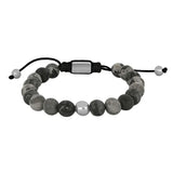 Das Produktbild zeigt ein größenverstellbares Herrenarmband aus grauen Map-Stone-Kugeln mit vergoldeten oder silberfarbenen Edelstahlelementen und ist ideal für stilbewusste Männer im Alltag und als Geschenk.