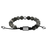 Das Produktbild zeigt ein größenverstellbares Herrenarmband aus grauen Map-Stone-Kugeln mit vergoldeten oder silberfarbenen Edelstahlelementen und ist ideal für stilbewusste Männer im Alltag und als Geschenk.