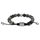 Das Produktbild zeigt ein größenverstellbares Herrenarmband aus grauen Map-Stone-Kugeln mit vergoldeten oder silberfarbenen Edelstahlelementen und ist ideal für stilbewusste Männer im Alltag und als Geschenk.