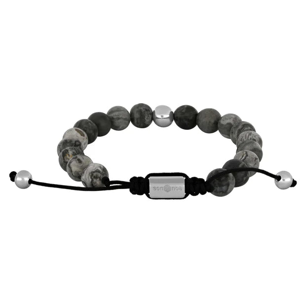 Das Produktbild zeigt ein größenverstellbares Herrenarmband aus grauen Map-Stone-Kugeln mit vergoldeten oder silberfarbenen Edelstahlelementen und ist ideal für stilbewusste Männer im Alltag und als Geschenk.