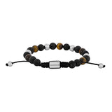 Dieses Herrenarmband besteht aus schwarzen Lava- und Achatperlen mit Tigerauge, kombiniert mit Edelstahl-Elementen und richtet sich an stilbewusste Männer.