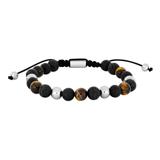 Dieses Herrenarmband besteht aus schwarzen Lava- und Achatperlen mit Tigerauge, kombiniert mit Edelstahl-Elementen und richtet sich an stilbewusste Männer.