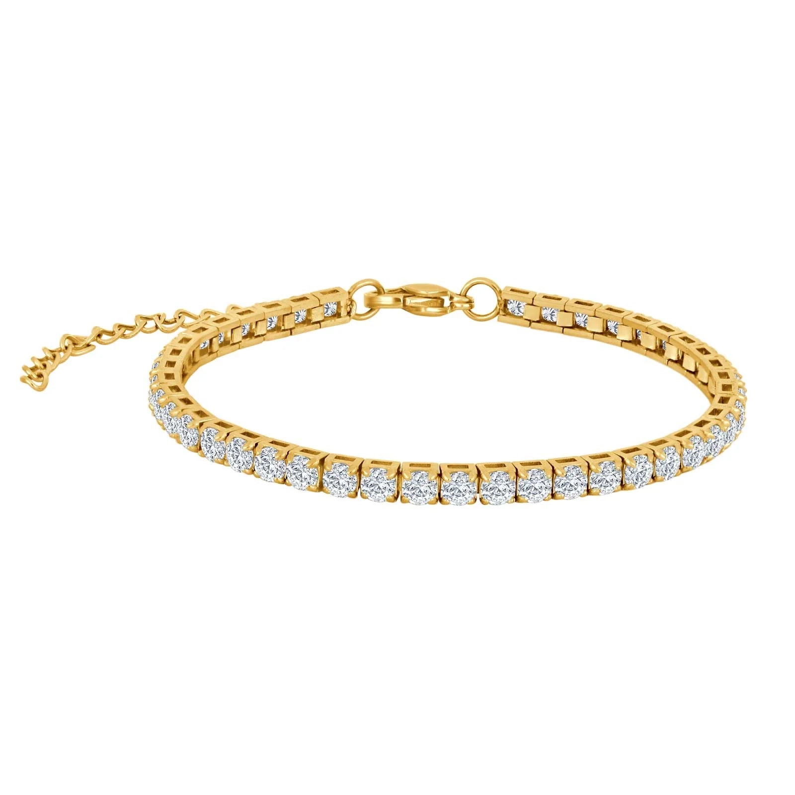 Herren-Tennisarmband vergoldeter Edelstahl mit Zirkonia, getragen am Handgelenk; Nahaufnahme im warmen Fensterlicht, eleganter Premium-Look.
