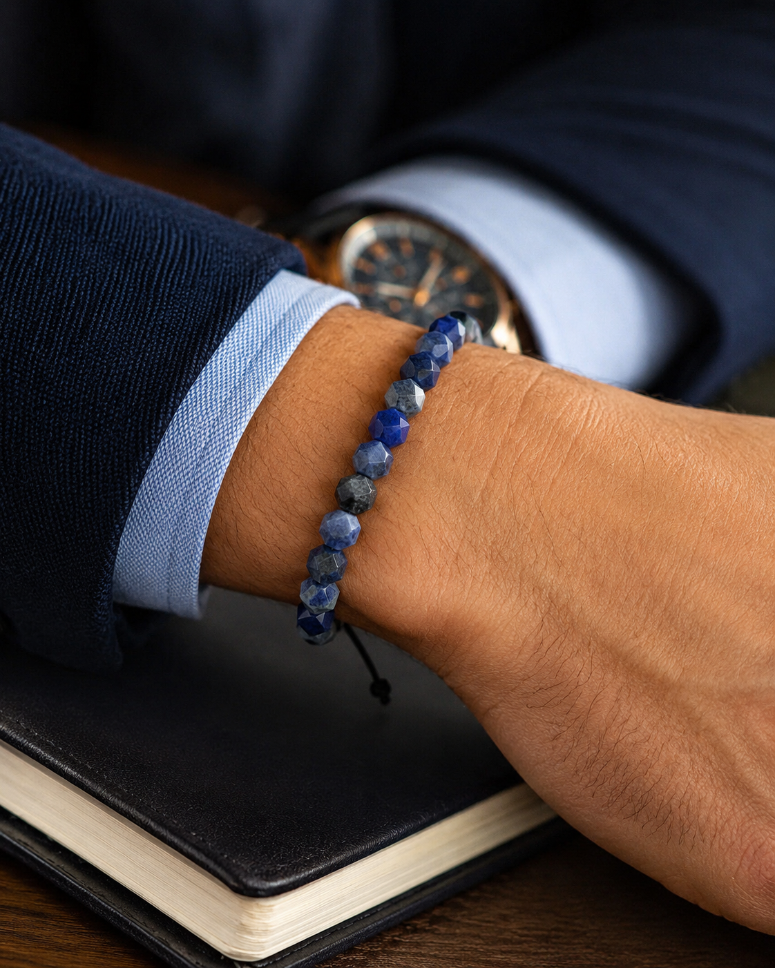 SON Herrenarmband aus 8 mm Sodalit-Natursteinperlen, kombiniert mit Uhr, Hemd und Sakko im gepflegten Smart-Casual-Look