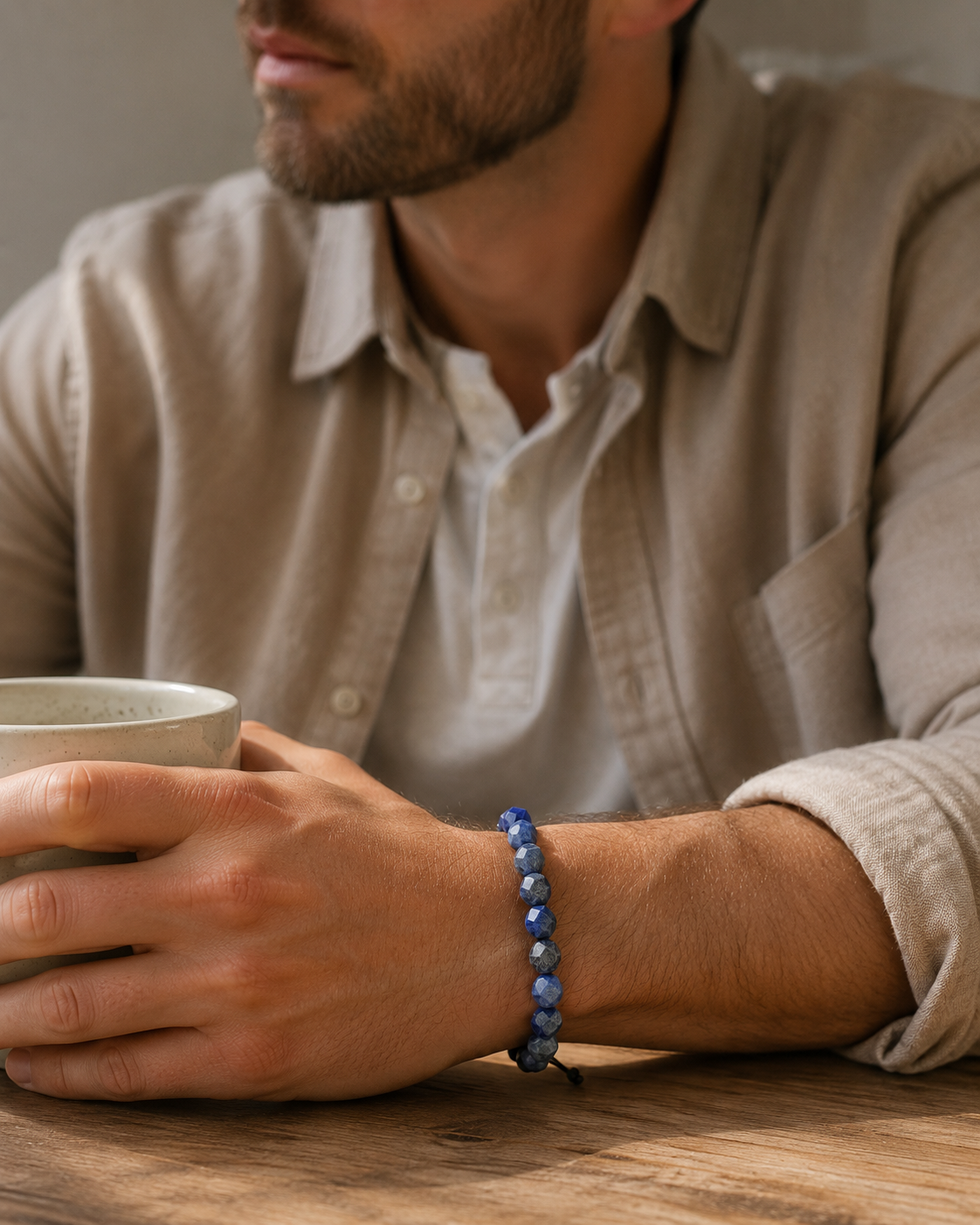 SON Herrenarmband mit 8 mm Sodalit-Perlen, alltagstauglich getragen beim Halten einer Keramiktasse im natürlichen Lifestyle-Look