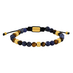 Herrenarmband mit blauen Sodalit- und braunen Tigerauge-Perlen, goldfarbenen Edelstahlelementen und verstellbarem Textilzugband – stilvolles Schmuckstück für modebewusste Männer.