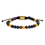Herrenarmband mit blauen Sodalit- und braunen Tigerauge-Perlen, goldfarbenen Edelstahlelementen und verstellbarem Textilzugband – stilvolles Schmuckstück für modebewusste Männer.