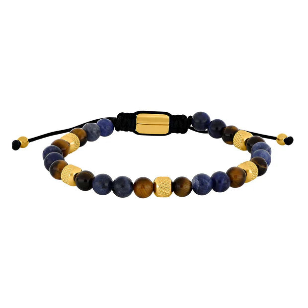Herrenarmband mit blauen Sodalit- und braunen Tigerauge-Perlen, goldfarbenen Edelstahlelementen und verstellbarem Textilzugband – stilvolles Schmuckstück für modebewusste Männer.