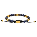 Herrenarmband mit blauen Sodalit- und braunen Tigerauge-Perlen, goldfarbenen Edelstahlelementen und verstellbarem Textilzugband – stilvolles Schmuckstück für modebewusste Männer.