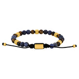 Herrenarmband mit blauen Sodalit- und braunen Tigerauge-Perlen, goldfarbenen Edelstahlelementen und verstellbarem Textilzugband – stilvolles Schmuckstück für modebewusste Männer.