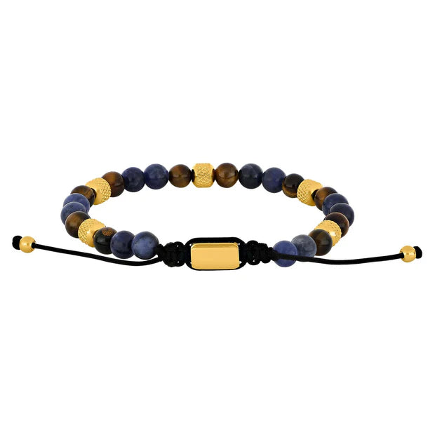 Herrenarmband mit blauen Sodalit- und braunen Tigerauge-Perlen, goldfarbenen Edelstahlelementen und verstellbarem Textilzugband – stilvolles Schmuckstück für modebewusste Männer.