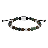 Herrenarmband aus 6-mm Moosachat-, Bronzit- und Ilmenit-Perlen mit silbernen Edelstahl-Spacern und schwarzem, verstellbarem Makraméband – elegantes Natursteinarmband.