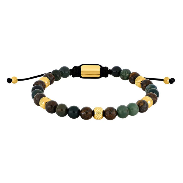 Herrenarmband aus Edelstahl mit polierten Natursteinperlen aus Moosachat, Ilmenit und Bronzit sowie verstellbarem Makramé-Verschluss, stilvoll und angenehm zu tragen für modebewusste Männer.