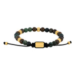 Herrenarmband aus Edelstahl mit polierten Natursteinperlen aus Moosachat, Ilmenit und Bronzit sowie verstellbarem Makramé-Verschluss, stilvoll und angenehm zu tragen für modebewusste Männer.