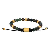 Herrenarmband aus Edelstahl mit polierten Natursteinperlen aus Moosachat, Ilmenit und Bronzit sowie verstellbarem Makramé-Verschluss, stilvoll und angenehm zu tragen für modebewusste Männer.