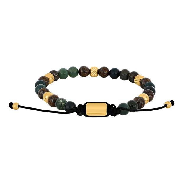 Herrenarmband aus Edelstahl mit polierten Natursteinperlen aus Moosachat, Ilmenit und Bronzit sowie verstellbarem Makramé-Verschluss, stilvoll und angenehm zu tragen für modebewusste Männer.