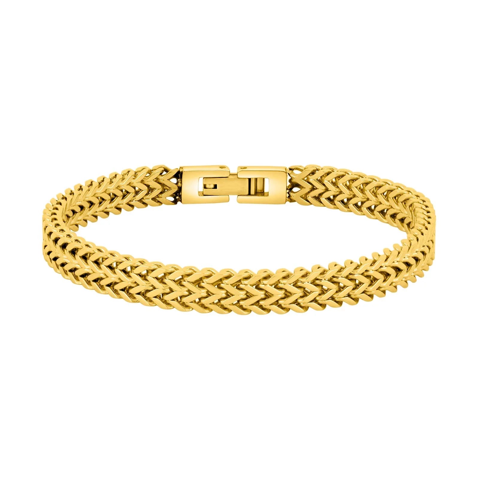 Goldenes Herrenarmband aus 316L-Edelstahl, IPG-vergoldet, geflochtenes Gliederdesign mit sicherem Klappverschluss; hochglanzpoliert, freigestelltes Produktfoto auf weißem Hintergrund.
