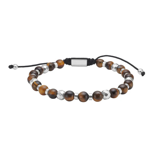 Das Bild zeigt ein verstellbares Unisex-Perlenarmband aus gelbem Tigerauge mit silbernen oder goldfarbenen Edelstahlelementen und schwarzer Textilkordel, ideal für stilbewusste Damen und Herren.