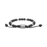 Das Bild zeigt ein verstellbares Unisex-Perlenarmband aus schwarzem Achat mit Edelstahlelementen in Silber oder Gold, Makramee-Verschluss und schwarzer Textilkordel für stilbewusste Damen und Herren.