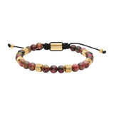 Herren-Perlenarmband aus Tigerauge-Mix mit goldfarbenen, IPG-vergoldeten Edelstahl-Spacern und schwarzem Makramee-Zugverschluss; verstellbar, freigestelltes Produktfoto auf weißem Hintergrund.