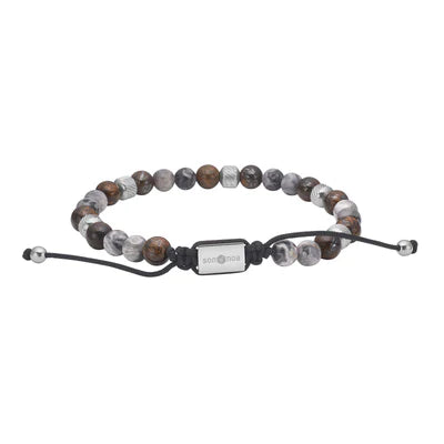 Auf dem Bild ist ein verstellbares Unisex-Perlenarmband aus Map Stone und Ilmenit-Bronzitit mit schwarzer Kordel und silbernen oder goldfarbenen Edelstahlelementen zu sehen, ideal für stilbewusste Damen und Herren.