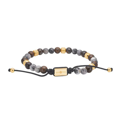 Auf dem Bild ist ein verstellbares Unisex-Perlenarmband aus Map Stone und Ilmenit-Bronzitit mit schwarzer Kordel und silbernen oder goldfarbenen Edelstahlelementen zu sehen, ideal für stilbewusste Damen und Herren.