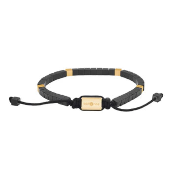 Das Bild zeigt ein ultraflaches Unisex-Armband aus schwarzen Achatplättchen mit silbernen oder goldfarbenen Edelstahlelementen und verstellbarem Textilband für stilbewusste Damen und Herren.