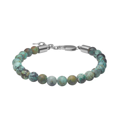 Herrenarmband mit runden Perlen aus afrikanischem Türkis und robustem Edelstahlverschluss, ein natürliches Schmuckstück für stilbewusste Männer.