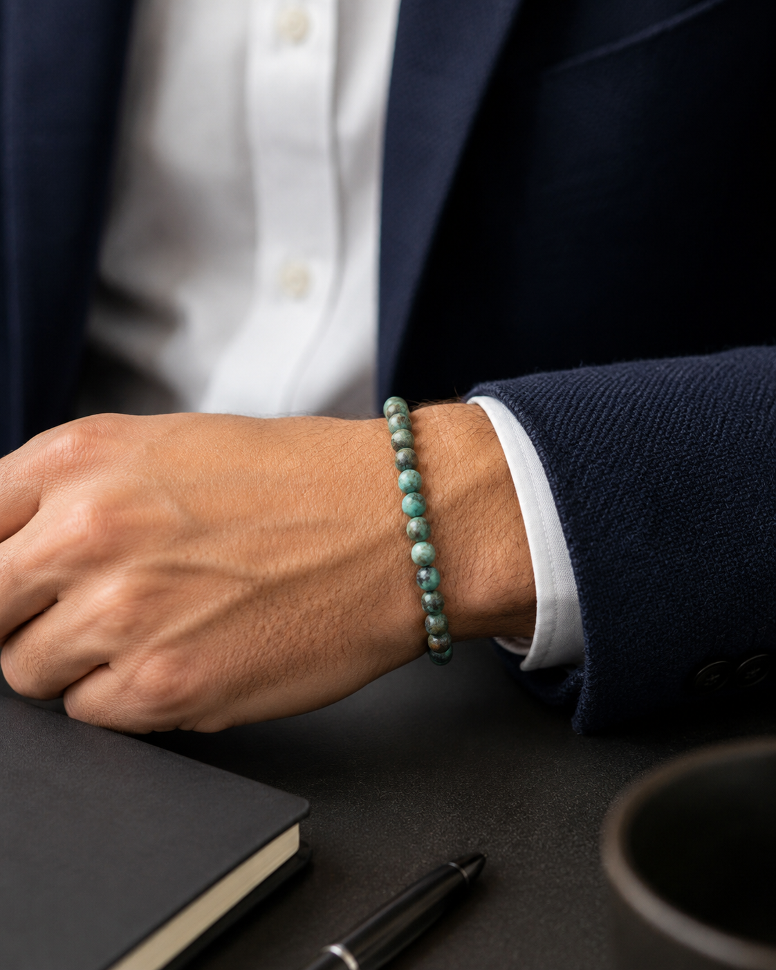 SON Herrenarmband mit 6 mm African-Turquoise-Natursteinperlen, kombiniert mit Hemd und Sakko im Smart-Casual-Look