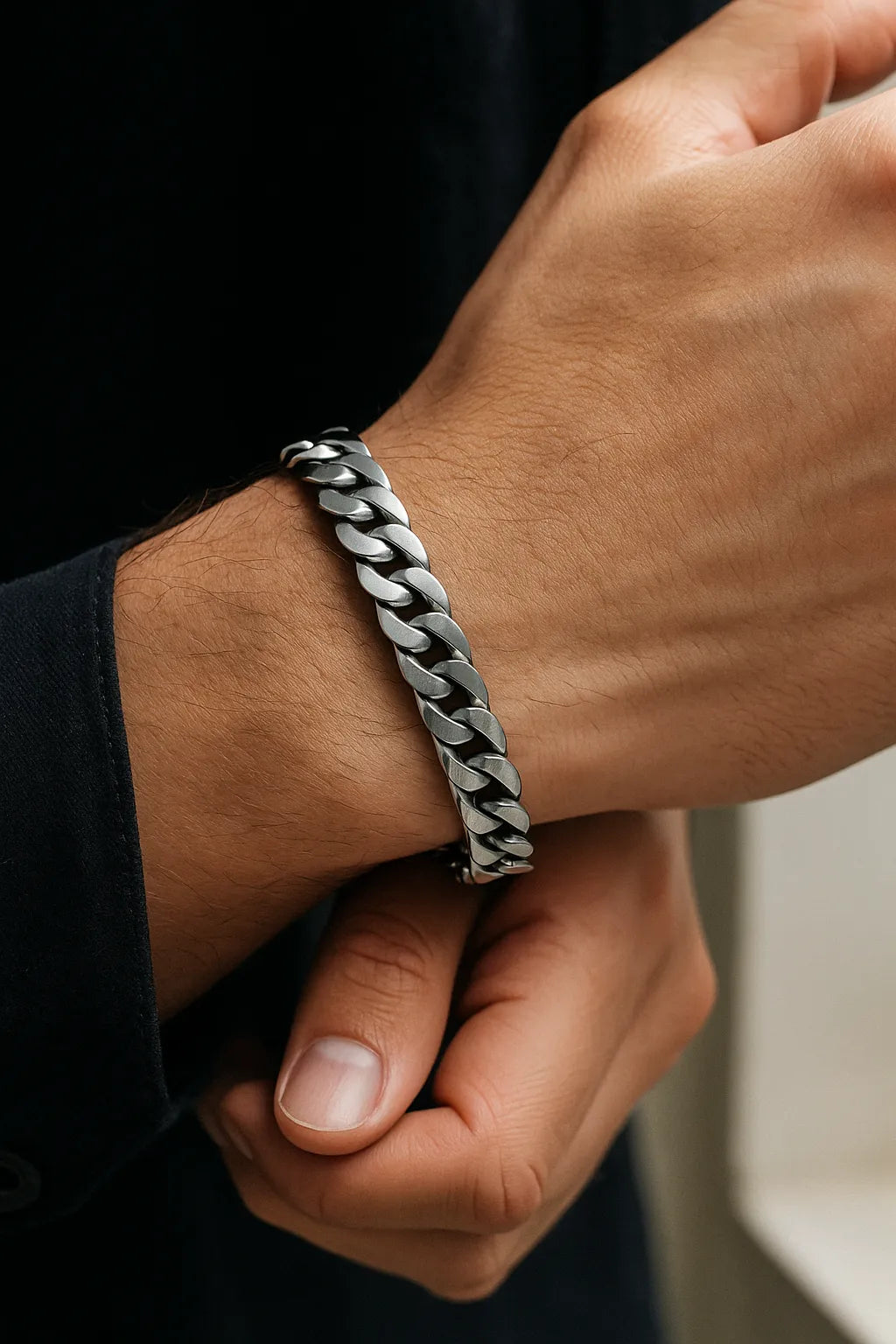 Herren-Armband aus Edelstahl, massive Panzerkette am Handgelenk eines Mannes; Nahaufnahme im natürlichen Fensterlicht, gebürstet/poliert, moderner maskuliner Stil.
