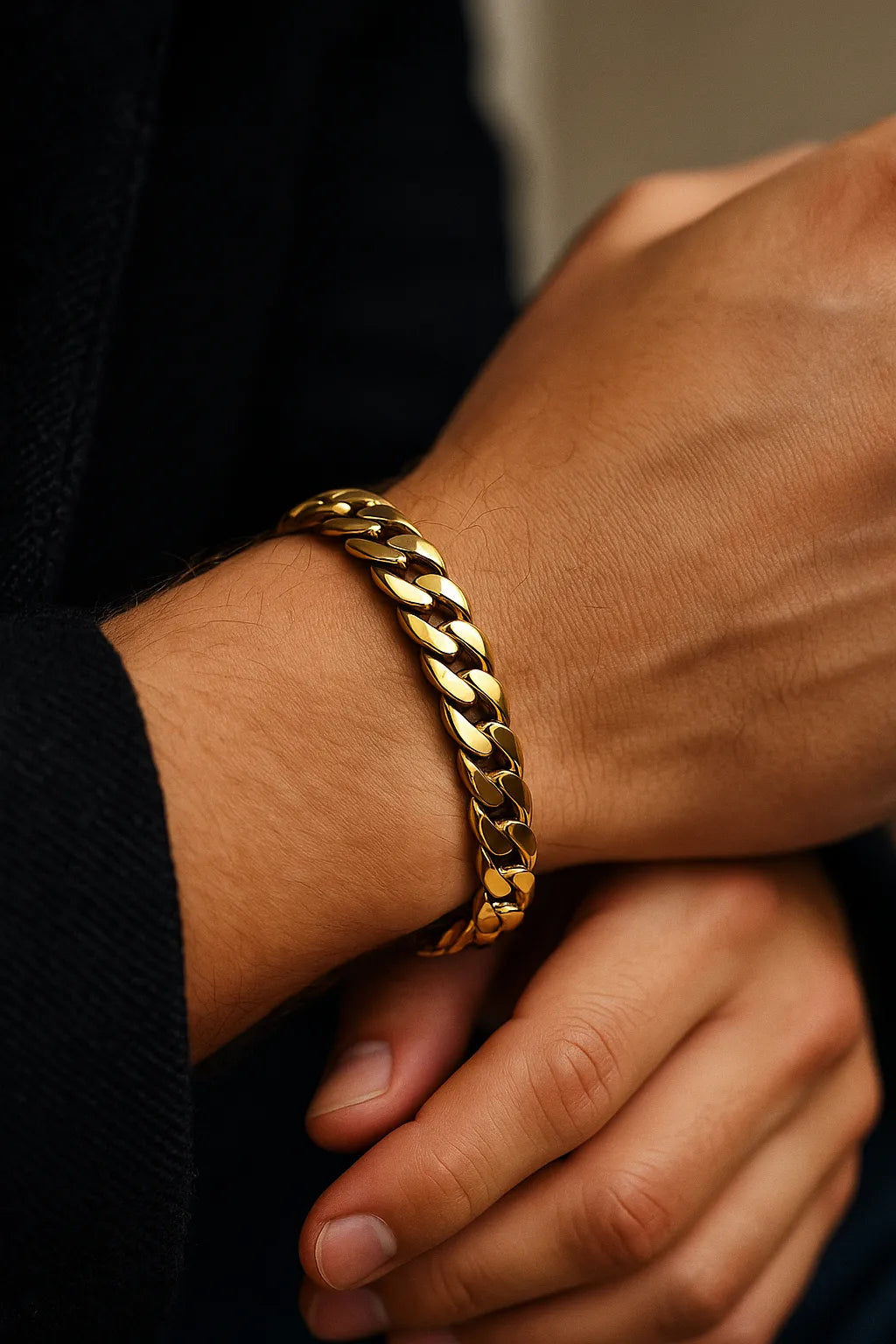 Herren-Armband, vergoldete Edelstahl-Panzerkette am Handgelenk; Nahaufnahme im warmen Fensterlicht, polierte Glieder, dezente Maniküre, moderner Premium-Look.