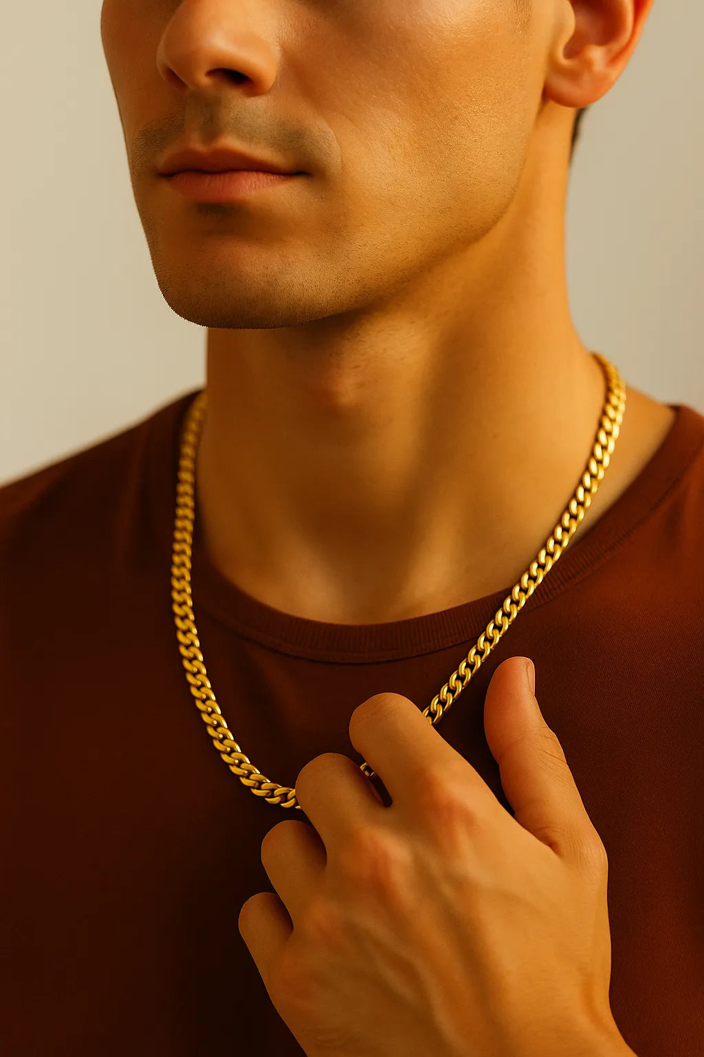 Herren Panzerkette vergoldeter Edelstahl, getragen am Hals eines Mannes; Nahaufnahme mit Hand am Hals, warmes Fensterlicht, neutraler Hintergrund, moderner Look.