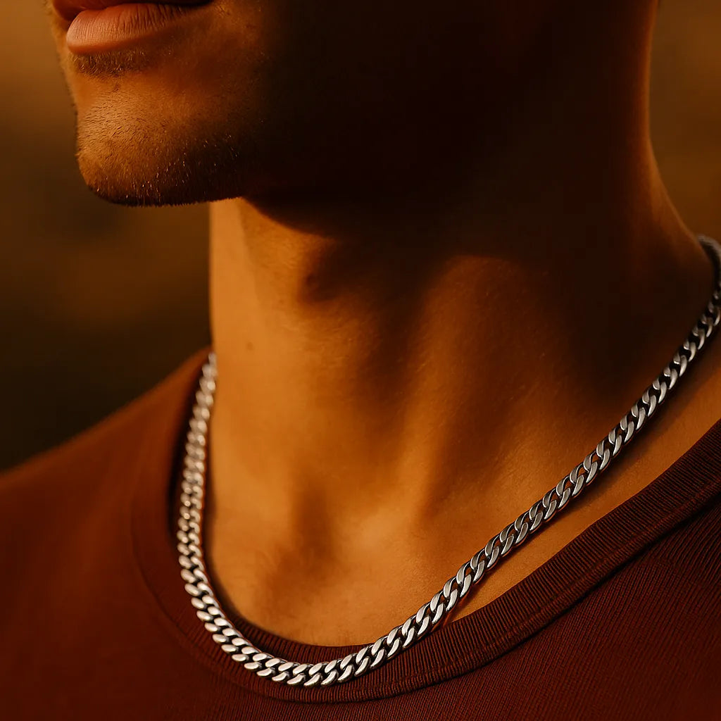 Herren Edelstahl-Panzerkette, getragen am Hals eines Mannes bei Golden-Hour-Licht; Nahaufnahme mit warmen Hauttönen, braunes Shirt, moderner Street-Style.