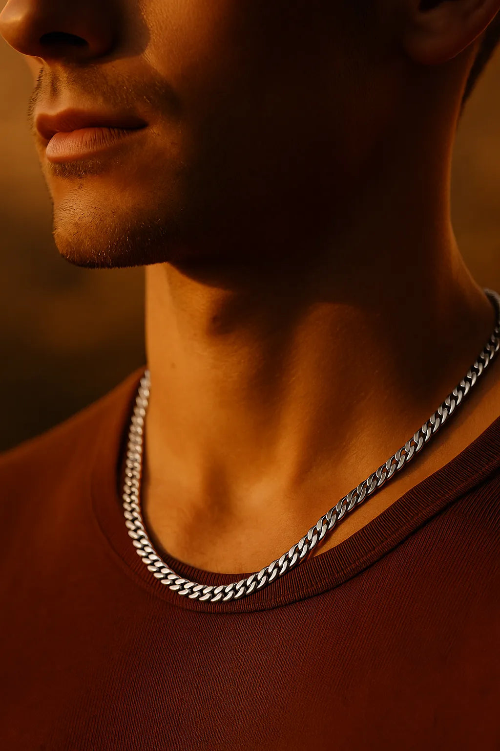 Herren Edelstahl-Panzerkette, getragen am Hals eines Mannes bei Golden-Hour-Licht; Nahaufnahme mit warmen Hauttönen, braunes Shirt, moderner Street-Style.