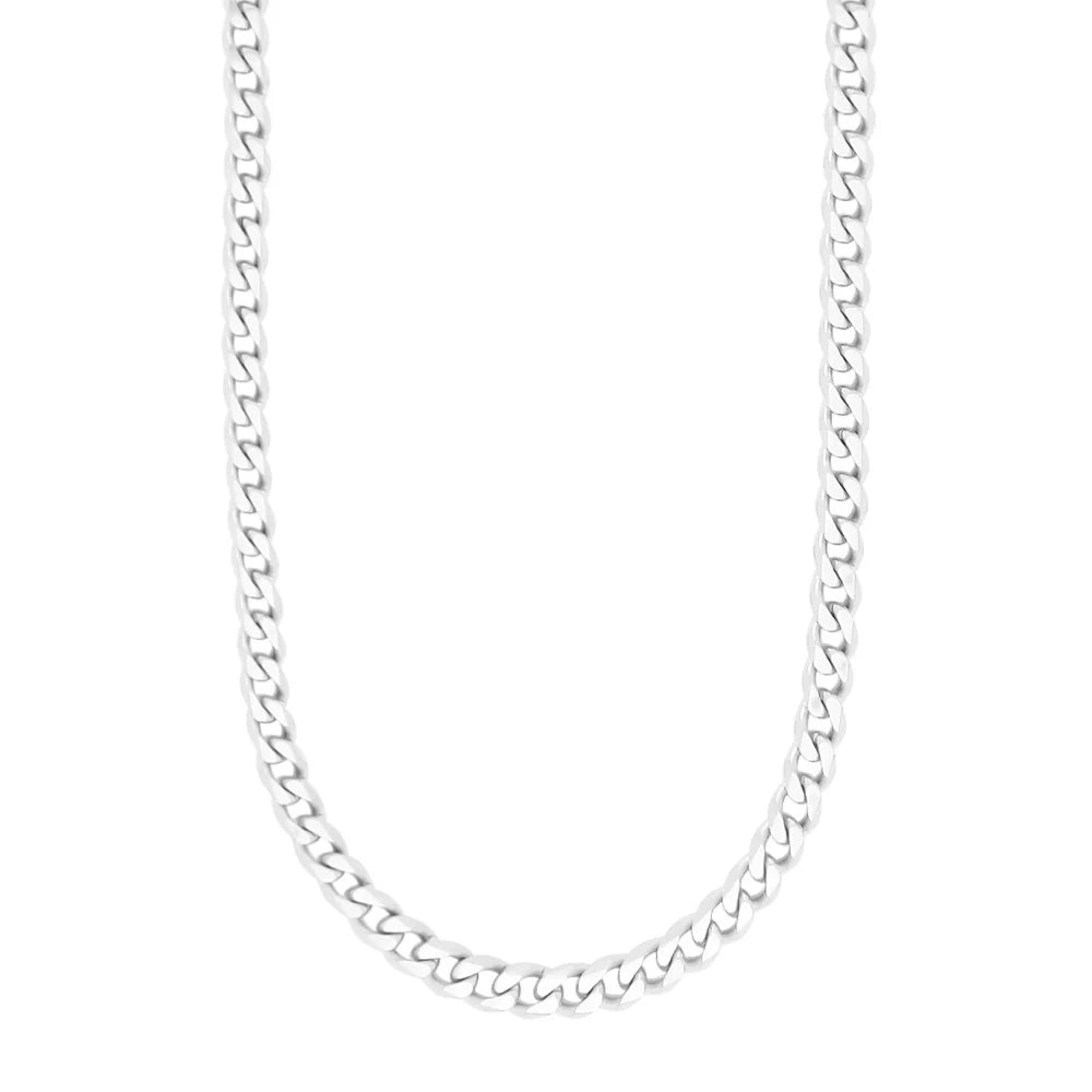 Silberne Herren-Panzerkette aus Edelstahl mit gebürsteter, matter Oberfläche, 60 cm Länge; freigestelltes Produktfoto auf weißem Hintergrund, minimalistisch.