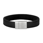 Schwarzes Herrenarmband aus 12mm breitem Kalbsleder mit mattem, rechteckigem Edelstahl-Magnetverschluss, freigestellt auf weißem Hintergrund.