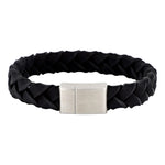 Breit geflochtenes schwarzes Herrenarmband aus Kalbsleder mit mattem, rechteckigem Edelstahl-Magnetverschluss auf weißem Hintergrund.