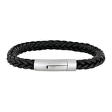 Schwarzes rundgeflochtenes Herrenarmband aus Kalbsleder mit mattem Edelstahlverschluss, Son of Noa Lederarmband vor weißem Hintergrund.