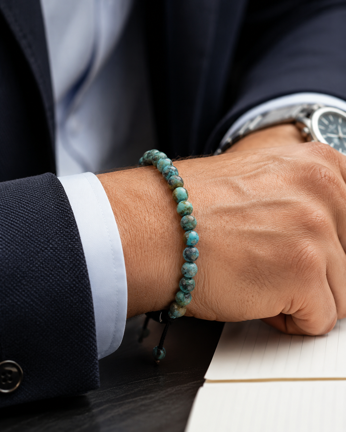 SON Herrenarmband mit 6 mm African-Turquoise-Natursteinperlen, kombiniert mit Hemd, Sakko und Uhr im Smart-Casual-Look