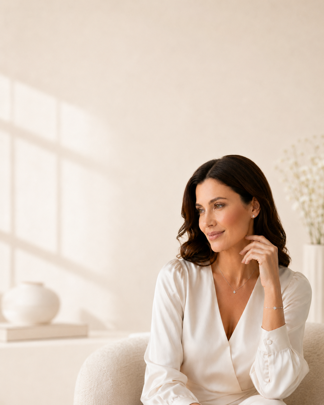 Elegantes Model mit SigneNor Halskette, Ohrsteckern und Armband aus 925 Sterling Silber im hellen Novellara Lifestyle-Look.