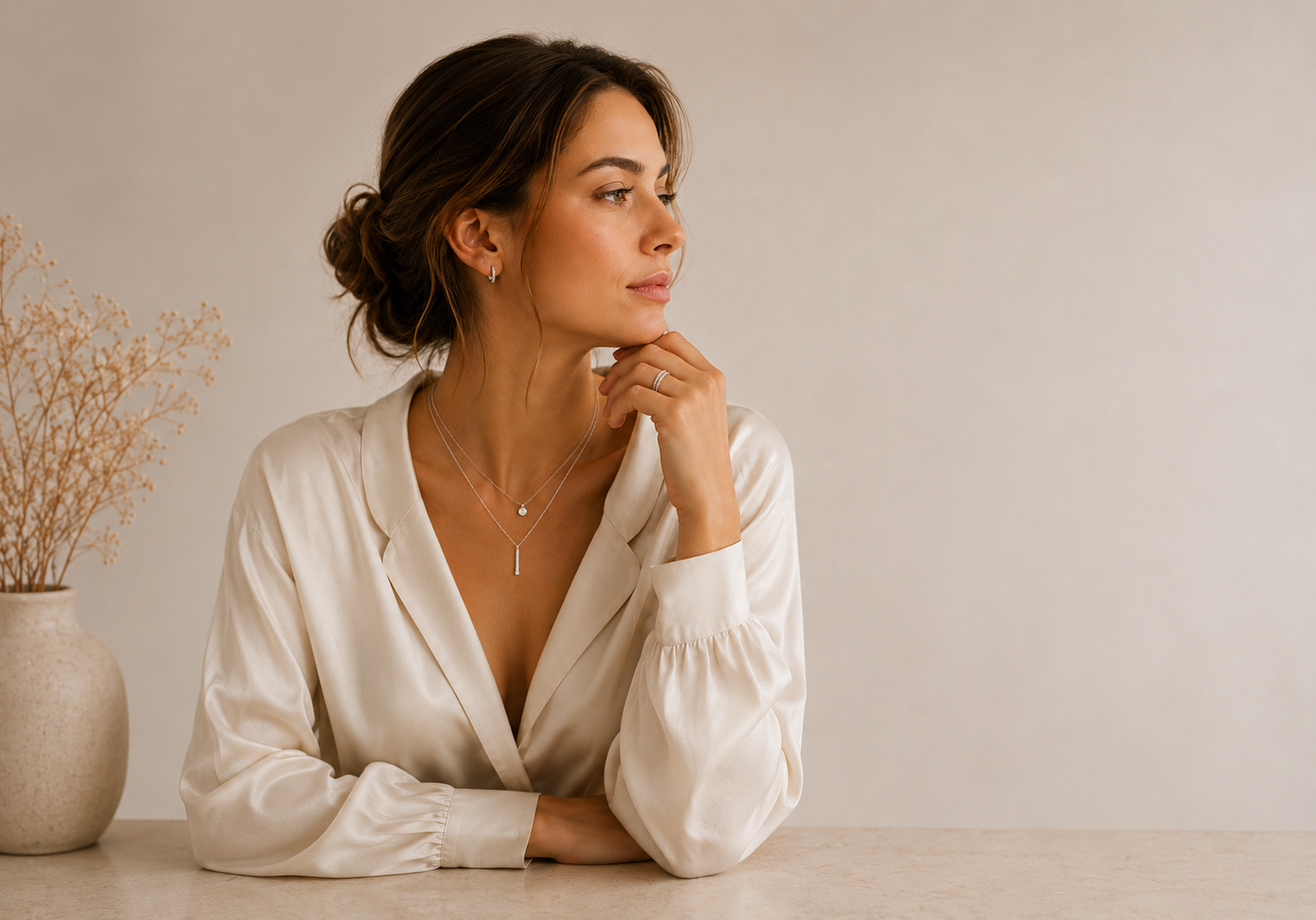 Frau mit feinem Novellara Schmuck und eleganter Silberkette
